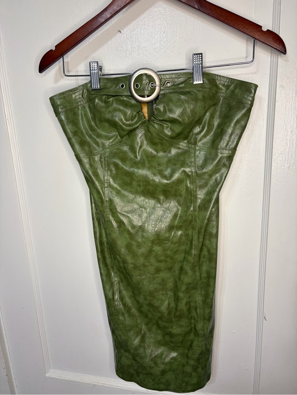 Cherry Mellow Olive Green faux Leather Strapless Dress with Gold Lining